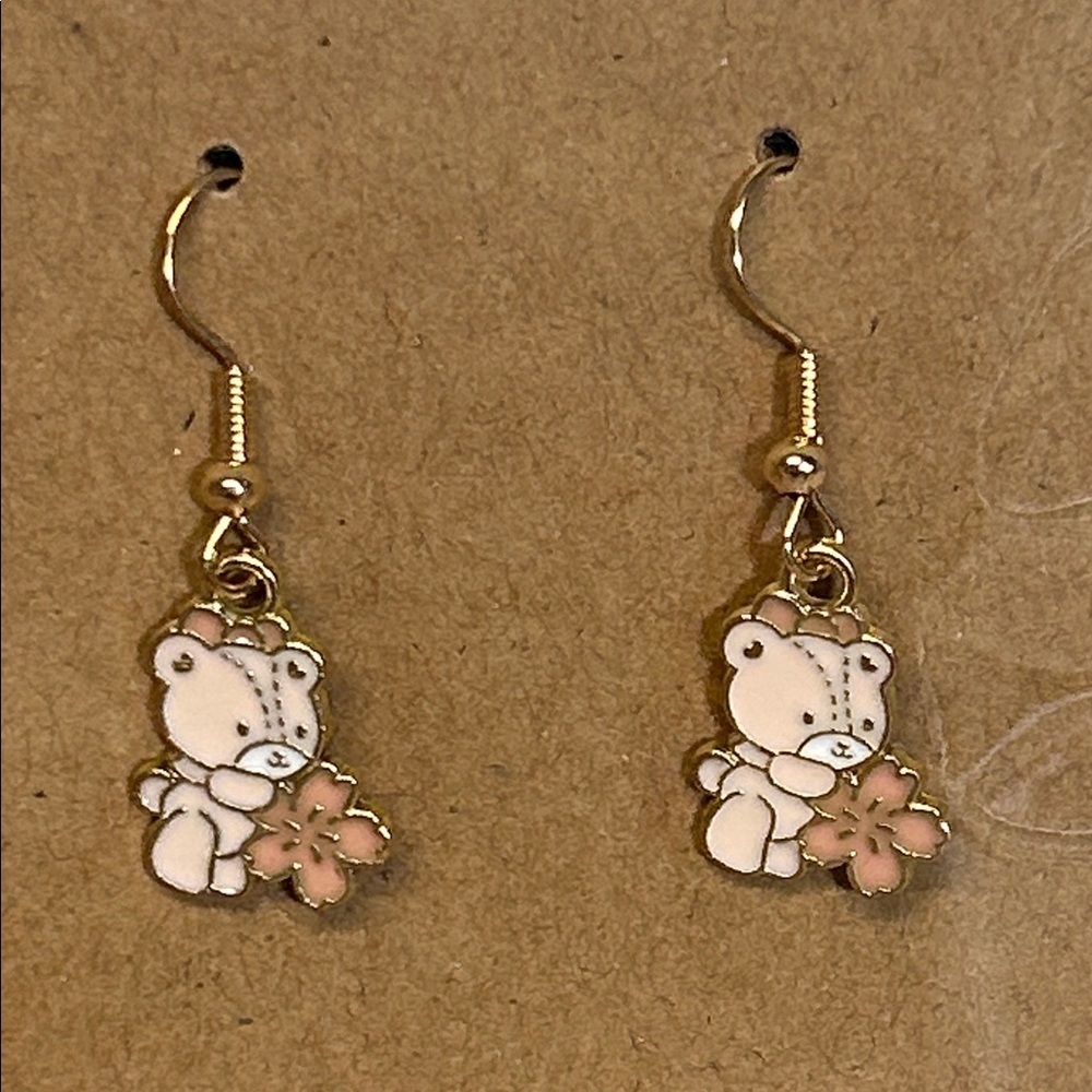 Gold and Pink Bear and flower dangle Earrings
